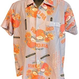 VTG Pauly & Forbes Gray Orange Coconuts Casual Button Down Hawaiian Shirt Size L